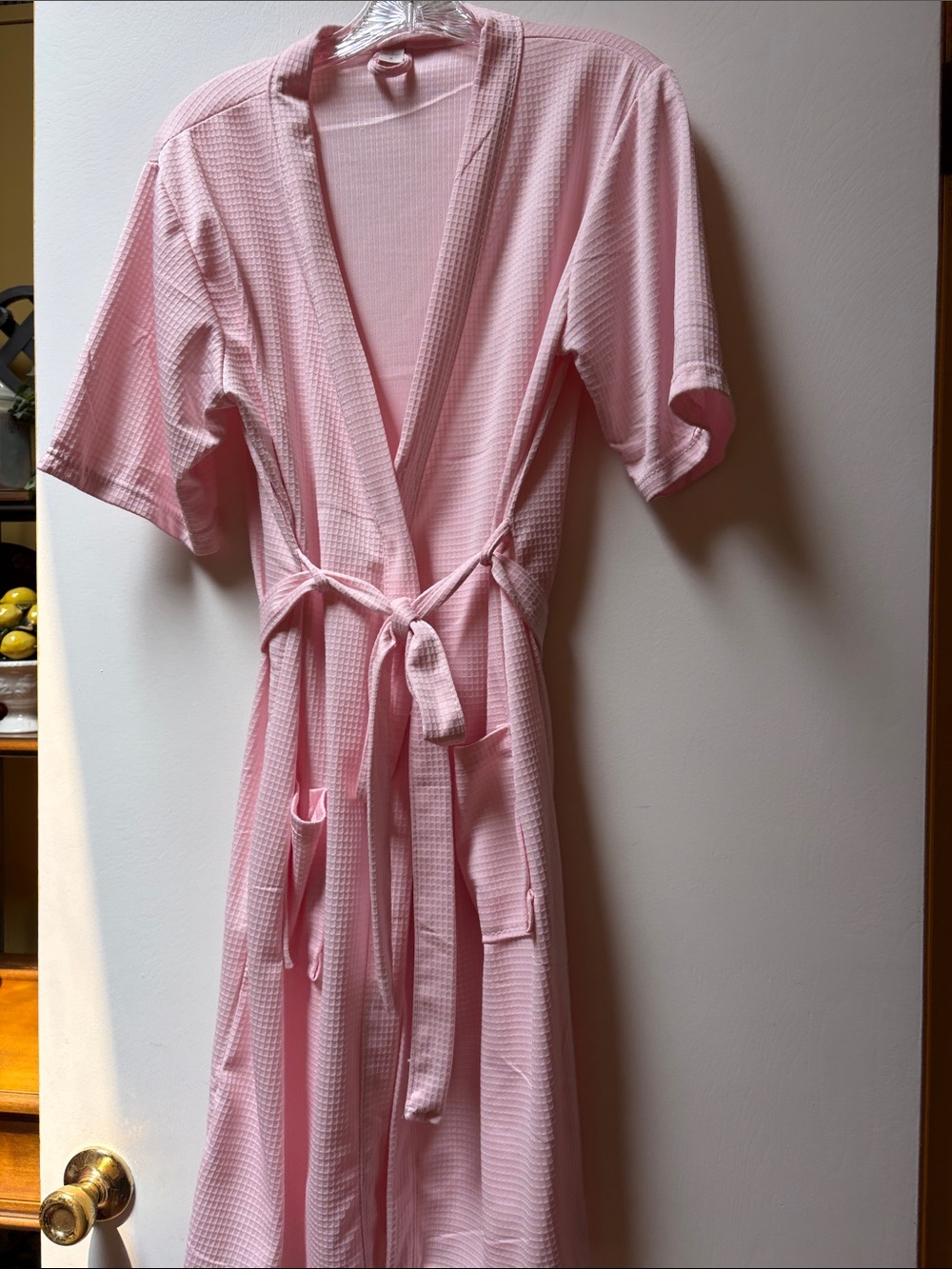 Women's Light Pink Waffle Robe with Self Tie Belt